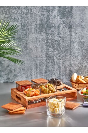 6-Piece Luxury Glass Breakfast Bowl with Wooden Stand and Lid - Snack and Spice Bowl Set - Breakfast Presentation Set - İliva