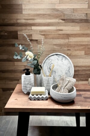 6 Piece Marble Patterned Concrete Bathroom Set Solid Liquid Soap Dispenser Toothbrush Holder Towel Holder Incense Holder Tray - Betonmall