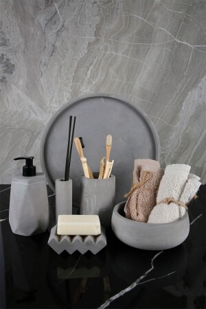 6 Piece Marble Patterned Concrete Bathroom Set Solid Liquid Soap Dispenser Toothbrush Holder Towel Holder Incense Holder Tray - Betonmall