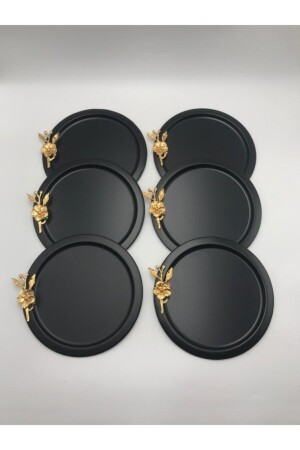 6-Piece Round Gold Floral Black Presentation Tray, Decorative Serving Tray Tea Coffee 24 Cm TNAG99 - Aslı Hediyelik