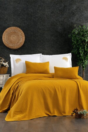 6-Piece Terra Double Mustard Cotton Pique Set with Elastic Sheets and Embroidery - Minelya Home Collection