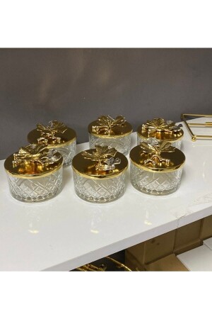 6-Piece Timeless Glass Dessert, Ice Cream Bowl, Snack Bowl, Jam Bowl, Dowry Bowl, Presentation Bowl with Gold Lid Timeayksz6kpklı - Fiyakalı Ürünler Atölyesi