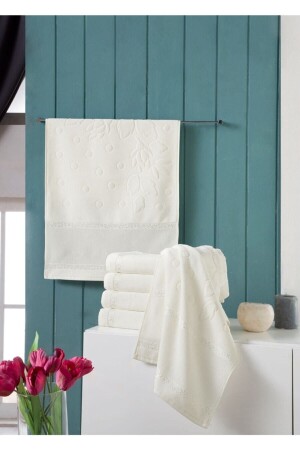 6 Pieces 50x90 Etamin Bordered Jacquard Cream Hand and Face Towel Canape Embroidery ETA44AYHAN44 - Fiesta