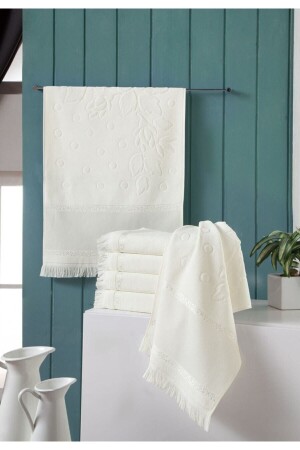 6 Pieces 50x90 Soft Etamin Jacquard Embellished Cream Hand and Face Towel Canvas Embroidered 34AY44HAN - Fiesta