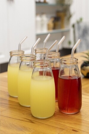 6 Pieces Glass Glass with Straw Milkshake, Soft Drink and Cocktail Glass Bottle Set - Leak Proof Lid MA2180 - Milea