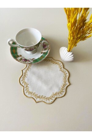 6 Pieces of Linen Fabric Embroidered Coffee Side Cocktail Napkin & Coasters. - İnci Çeyiz