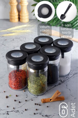 6 Pieces Vacuum Glass Spice Set with Silicone Lid - 6 Pieces Spoons Gift HMNV-6LIKAVANOZ-C-00344-QLUX - HOMENIVA