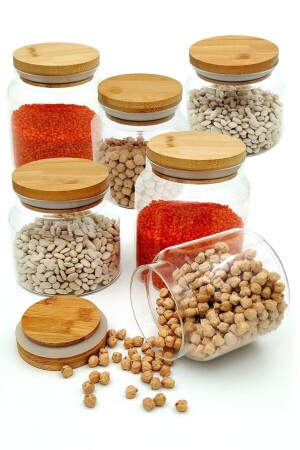 6 Pieces Vacuumed 500 Ml Glass Spice Jar with Bamboo Lid Khome-0070 - Karçiçeği Home