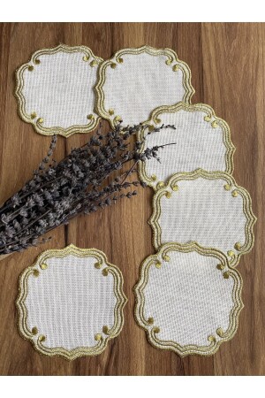 6 Stück gelockte, goldfarbene, bestickte Cocktail-Präsentationsservietten mit Kaffeeseite - Nurhan Home Collection