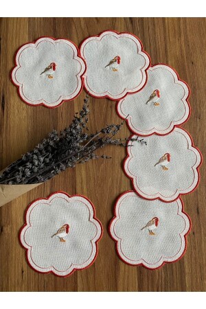 6 Stück „Love Birds“-Leinenstoff, rot, bestickt, Kaffeeseite, Cocktail-Präsentationsserviette - Nurhan Home Collection