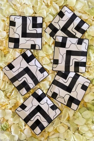 6-teiliger Kuchenteller, quadratisch, Blitzmuster, Handdekoration, 20 cm, EVS-ŞMŞK-TBK-002 - ŞURAMUTFAK