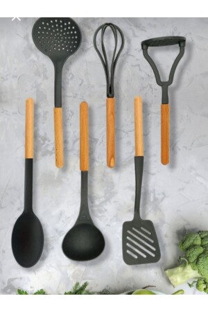 6-teiliges Kunststoffkelle mit Holzgriff, Sieb, Löffel, Spatel, Stampfer und Schneebesen, schwarzes Service-Set – BPA-frei - Carpekitchen
