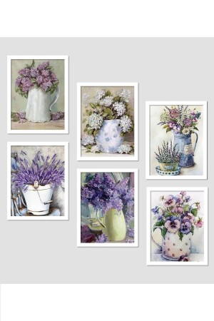 6-teiliges Malset mit lila Blumen in Vase, Wanddekoration, 20 x 15 cm, für Wohnzimmer, Wohnzimmer, Schlafzimmer, Büro - Nt Handmade