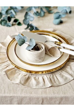 6-teiliges Vintage-Tischset aus 100 % Rohleinen mit Rüschen, rund, 40 cm - Evya