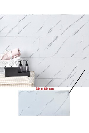 60-30 Cm Beyaz Mermer Desen Yapışkanlı Yer Duvar Döşemesi Nwyp10 - Renkli Duvarlar