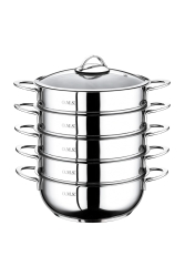 6090-c - 6 Parça Paslanmaz Çelik, Cam Kapaklı 32x10 Cm - 7 Litre Buharlı Pişirici, Mantı Tenceresi 6090C-32 - OMS PASLANMAZ