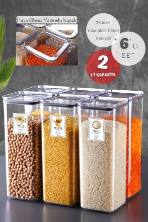 6'lı Set Etiketli, Silikon Contalı Kare Erzak Saklama Kabı Seti 2 Lt Şeffaf NDY-EP-148 - Nandy Home