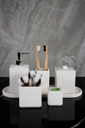 7 Piece Marble Patterned Concrete Bathroom Set Liquid Soap Dispenser Toothbrush Holder Cotton Holder Candle Holder Tray Flowerpot - Betonmall