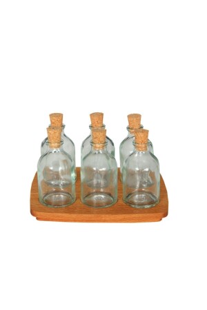 7 Parça Şişe Cam Mantar Kapaklı Baharatlık Takımı Ahşap Standlı xs5541278999 - Bahat
