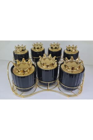 7 Pcs Porcelain Cylinder Spice Set with Metal Gold Stand Black 0192 0192-BLACK - ACAR