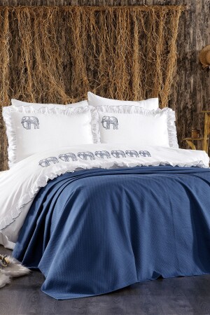 7-Piece Amazon Double Cotton Blue Duvet Cover Set with Elephant Pattern, Ruffles and Pique Bedspread STCKHMNEV1AMZ - Minelya Home Collection