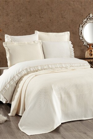 7 Piece Cotton Pique Covered and Ruffled Dulce Double Duvet Cover Set Cream (WITH SURPRISE GIFT) LVNHMNEV1FLY - Luvana Home