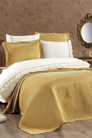 7 Piece Cotton Pique Covered and Ruffled Dulce Double Duvet Cover Set Mustard (WITH SURPRISE GIFT) LVNHMNEV1FLY - Luvana Home