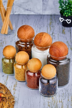 7-Piece Glass Storage Container with Wooden Ball Lid, Snack and Sugar Bowl (4x300 Ml - 3x800 Ml) FBZ-L120-100 - FBZhome