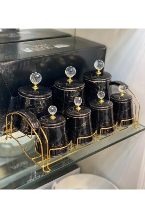 7 Piece Stand Crystal Stone Porcelain Spice Rack Marble Black 5678000555 - AROW