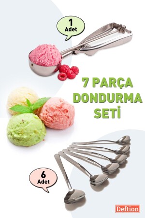 7 Piece Steel Ice Cream Set Push and Drop Ice Cream Scooping Tool, Spoon Scoop and 6 Hearted Long Spoons deftion-dondurma-7li-v2 - Deftion