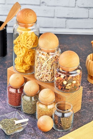 7-Piece Wooden Ball Lid Spice Jar Snack Bowl Set Glass Jar fbzhome1 - FBZhome