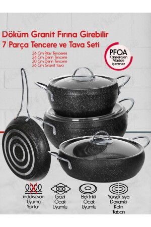 7 Pieces 20-22 Cm Deep Saucepan, 26 Cm Rice Pot, 26 Cm Frying Pan Ovenproof Granite Cookware Set 7PARCATENCERESETİ - FİTHOME