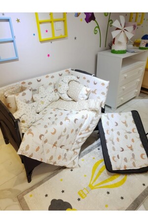 70x110 10 Piece Baby Sleeping Set for Park Cribs - Brown Crescent and Star Pattern (EXCLUDING CRADLE) - Bebek Iklimi