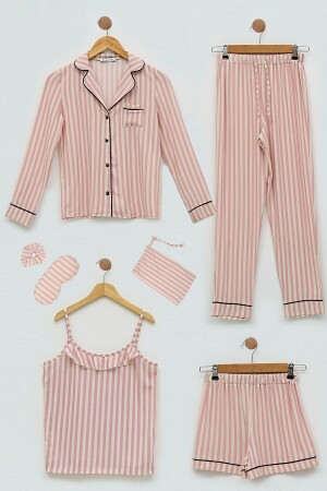 7'li Viskon Biyeli Çizgili Fuşya Pijama Takımı S27426 - for you kids