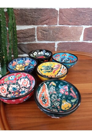 8 cm Scratch Pattern Set of 6 Tile Ceramic Bowls 100% Handmade Colorful Presentation Snack Bowl Set TYC00554246933 - Ecesen