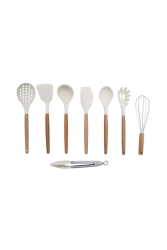 8 Parça Bambu Saplı Silikon Kepçe Spatula Mutfak Seti Krem kbr-b21 - morponi
