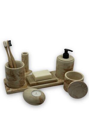 8 Piece Concrete Bathroom Set Solid Liquid Soap Dispenser Toothbrush Holder Candle Holder Incense Burner Tray Presentation Cotton Box - Betonmall