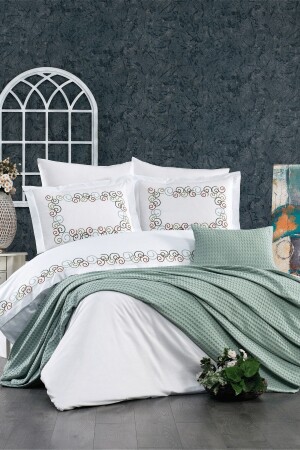 8-Piece Elastic Sheet, Embroidery and Pique Luna Double Cotton Water Green Duvet Cover Set STCKHMNEV1LUN - Minelya Home Collection