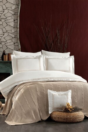 8 Piece Knitwear Blanket and Embroidered Aydos Double Cotton Beige Duvet Cover Set STCKHMNEV1AYD - Minelya Home Collection
