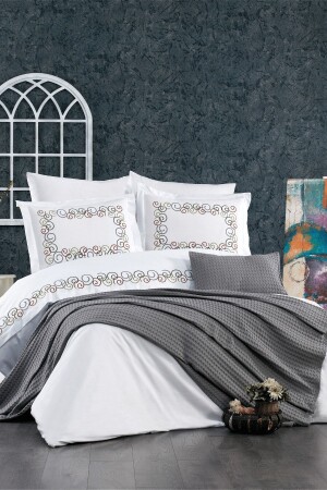 8-Piece Luna Double Cotton Gray Duvet Cover Set with Elastic Sheets, Embroidery and Pique STCKHMNEV1LUN - Minelya Home Collection