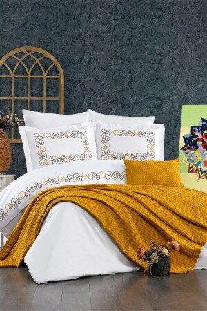 8-Piece Luna Double Cotton Mustard Duvet Cover Set with Elastic Sheets, Embroidery and Pique STCKHMNEV1LUN - Minelya Home Collection