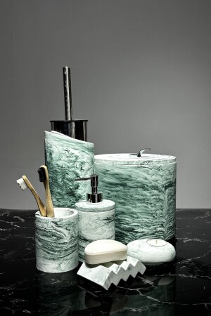 8 Piece Marble Patterned Bathroom Set Liquid Solid Soap Dispenser Tooth Brush Holder Dustbin Candle Holder Toilet Brush BM-183 - betonmall