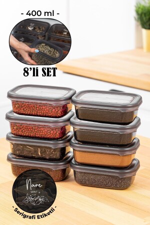 8-Piece Peggy Rectangular Spice Jar Set with White Screen Printing Label 400 Ml Anthracite BHRT8LI400 - Vienev