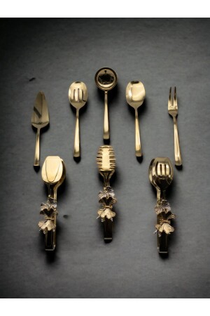 8-Piece Stainless Steel Gold Colander- Ladle- Shovel- Fork- Spoon- Butterfly Tongs Serving Set- Dowry - Fiyakalı Ürünler Atölyesi