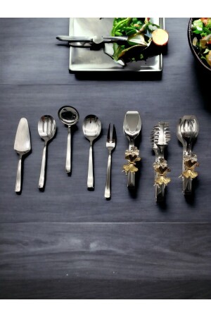 8 Piece Stainless Steel Silver Ladle Colander And Butterfly Tongs Serving Set - Fiyakalı Ürünler Atölyesi