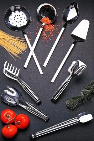 8 Pieces Modern Stick Model Serving Set, Ladle Colander Spoon Spatula Pasta Salad Grill Cake Tongs homservis - Homerest