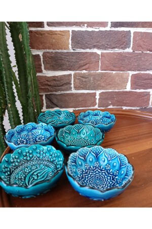 8cm Turquoise Pattern 6-Piece Tile Ceramic Bowl Set 100% Handmade Colorful Presentation Snack Bowl Set TYC00554097082 - Ecesen