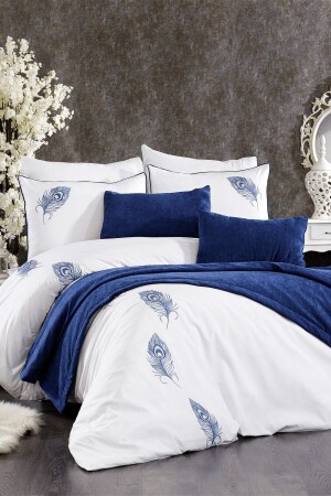 9 Piece Diamond Velvet Bed Runner Covered Penna Double Blue Embroidered Cotton Duvet Cover Set STCKHMNEV1PN - Minelya Home Collection