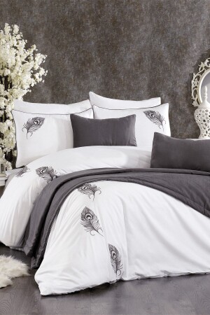 9 Piece Diamond Velvet Bed Runner Covered Penna Double Gray Embroidered Cotton Duvet Cover Set STCKHMNEV1PN - Minelya Home Collection