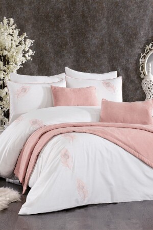 9 Piece Diamond Velvet Bed Runner Covered Penna Double Powder Embroidered Cotton Duvet Cover Set STCKHMNEV1PN - Minelya Home Collection